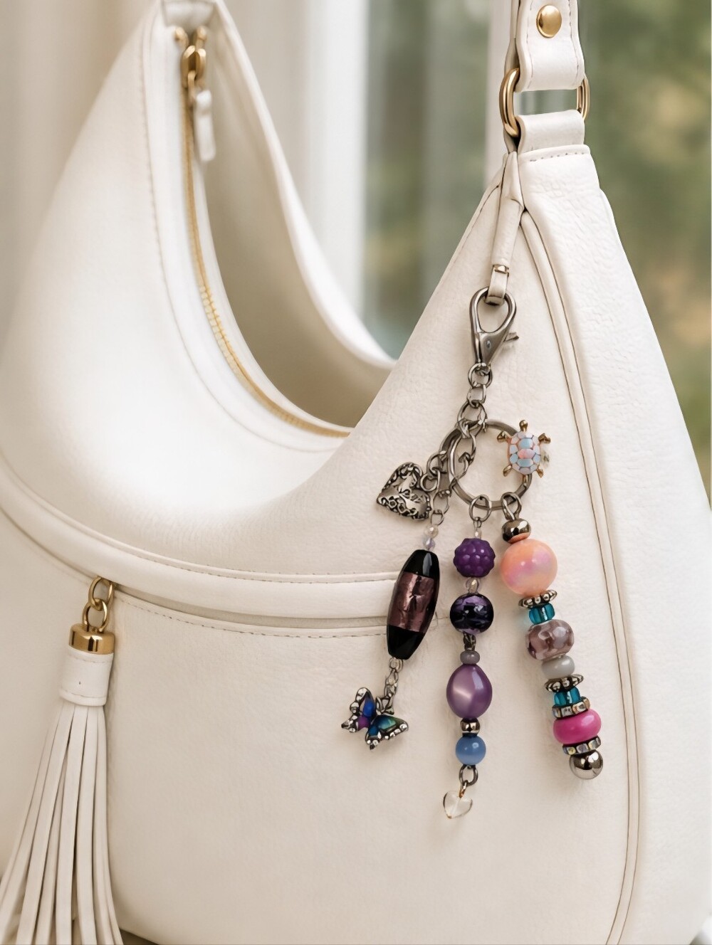 Beaded Charm Keychain/ Bag Charm Accessory in Purple and Peach - Unbranded